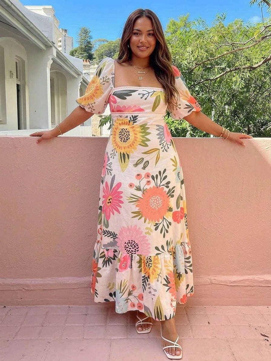 Ivy | Rochie Maxi cu Decolteu Patrat si Print Floral