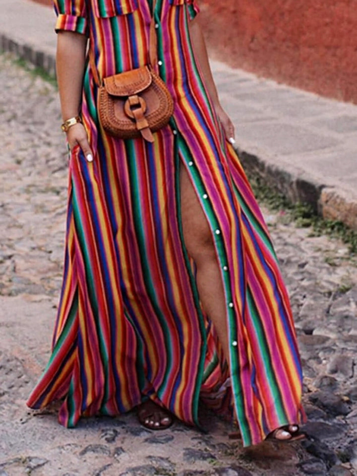 Nancy | Fustă maxi imprimată cu dungi casual de vară