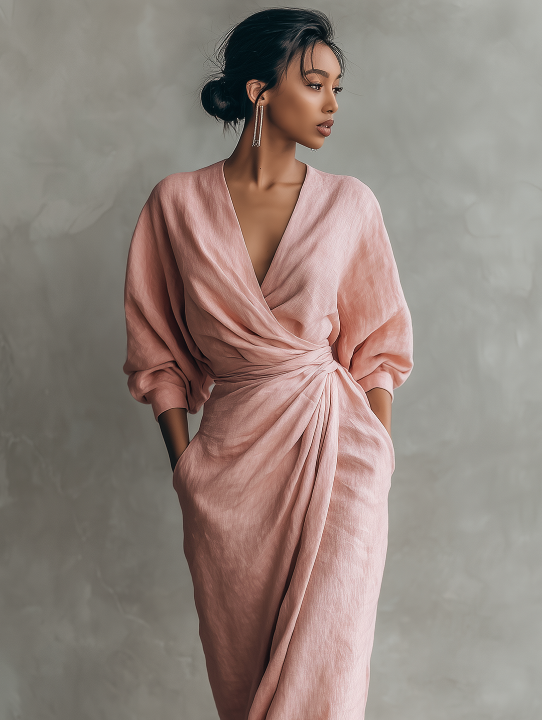 Rochie Maxi Minimalistă Roz cu decolteu în V din amestec de in pentru femei