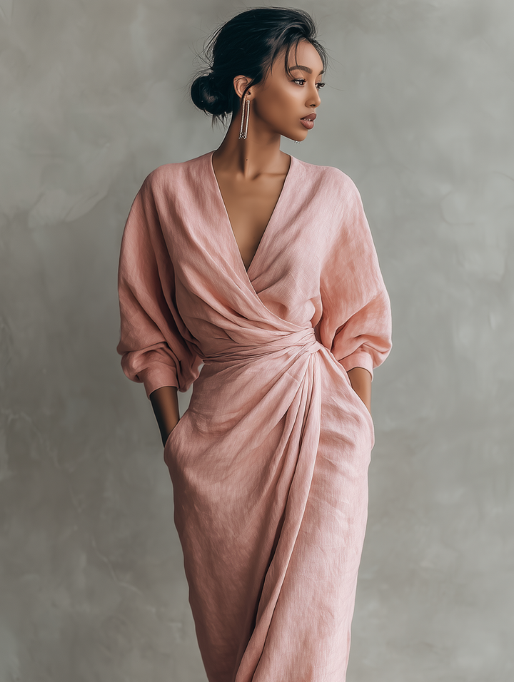 Rochie Maxi Minimalistă Roz cu decolteu în V din amestec de in pentru femei