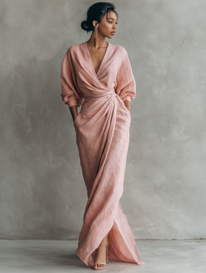 Rochie Maxi Minimalistă Roz cu decolteu în V din amestec de in pentru femei