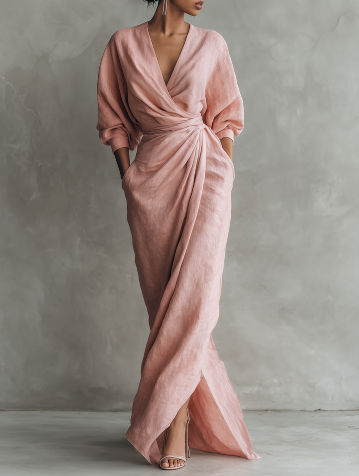 Rochie Maxi Minimalistă Roz cu decolteu în V din amestec de in pentru femei