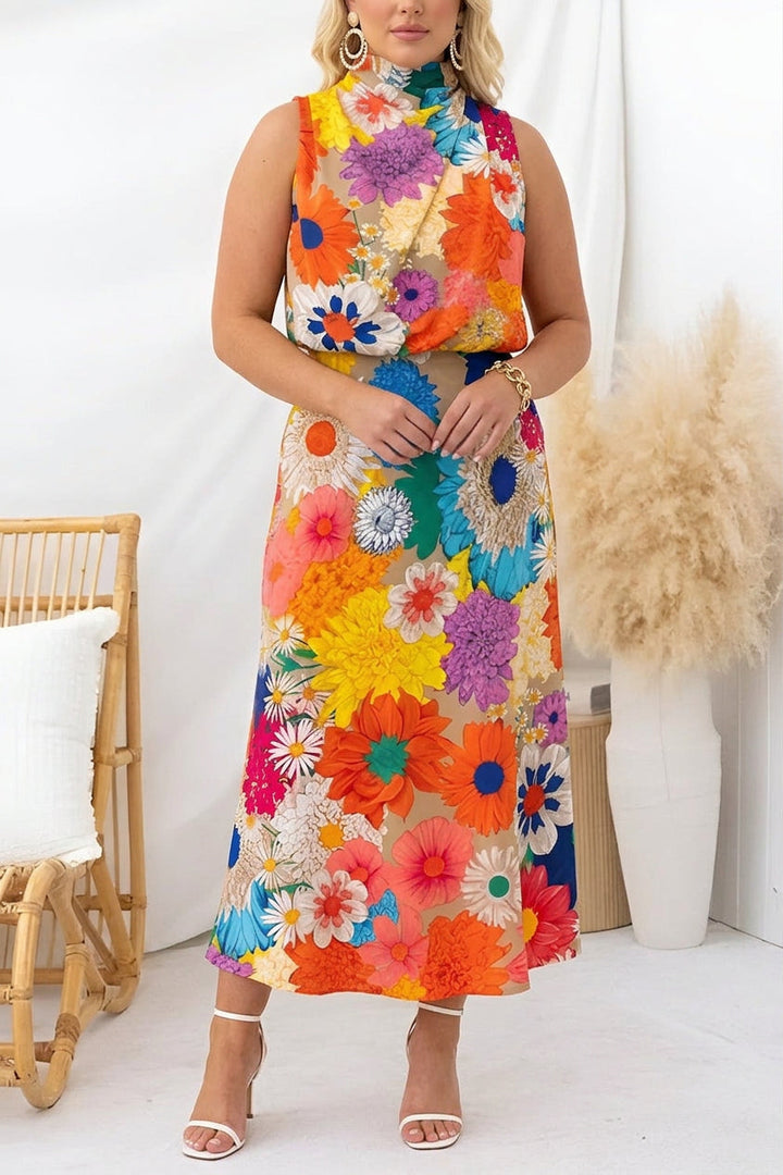 Vară | Rochie maxi fără mâneci cu guler legat, cu imprimeu floral