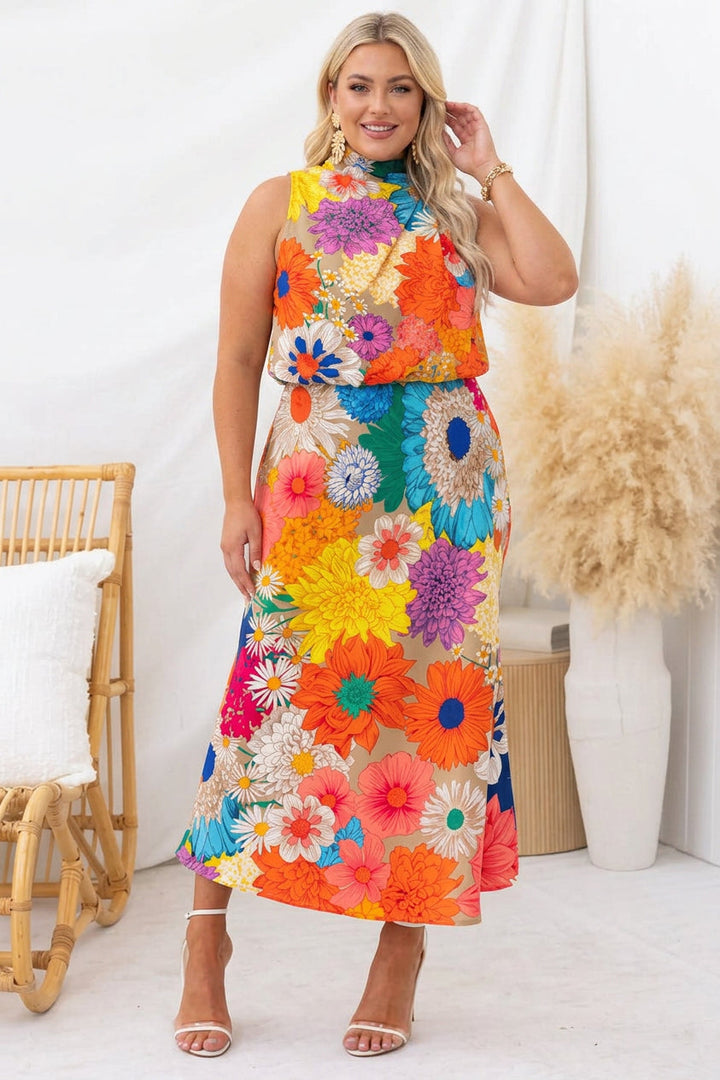 Vară | Rochie maxi fără mâneci cu guler legat, cu imprimeu floral