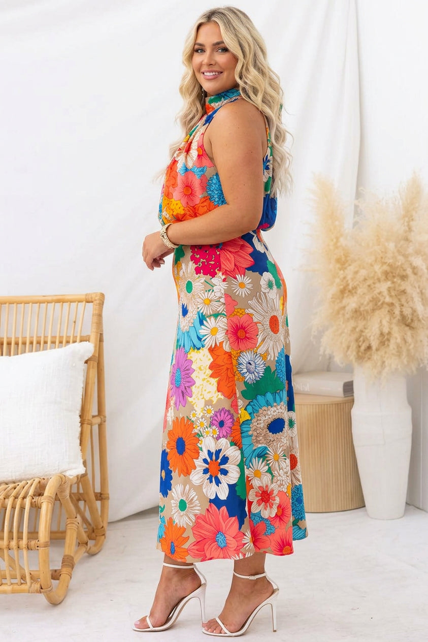 Vară | Rochie maxi fără mâneci cu guler legat, cu imprimeu floral