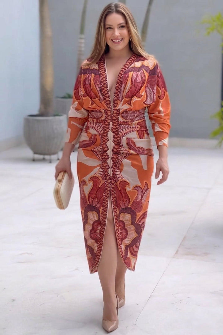 Eva | Rochie Midi Dolman cu Print Unic Sun Escape