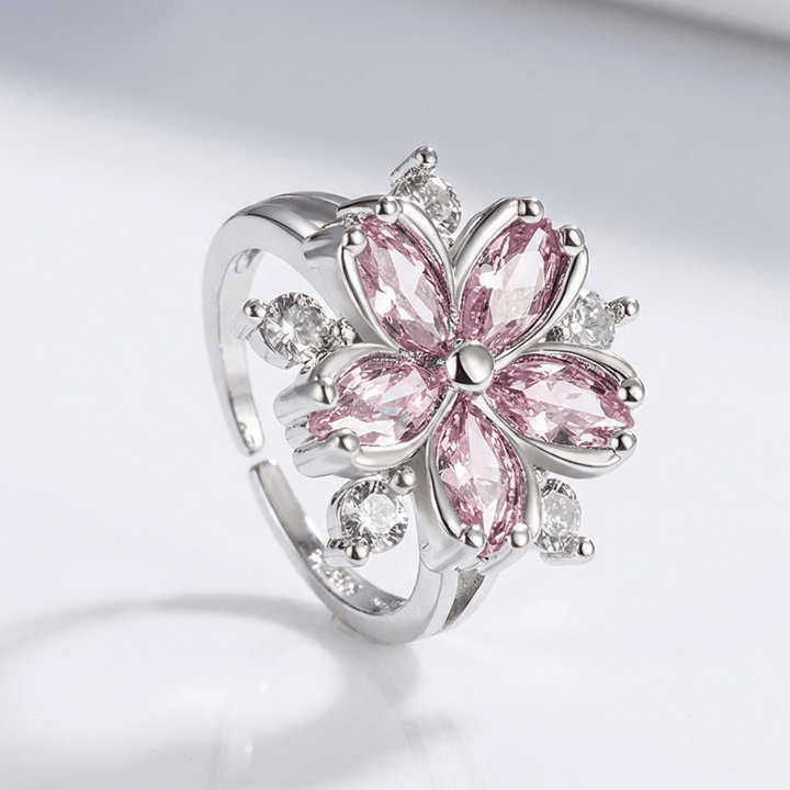 RING ARGINT CU CRISTAL DE FLOARE DE CIREȘ ROȘU - (REGLABIL)