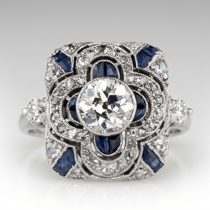 RING VINTAGE DIN DIAMANT ARGINTIU CU SAFIR