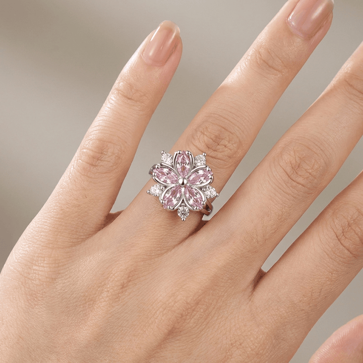 RING ARGINT CU CRISTAL DE FLOARE DE CIREȘ ROȘU - (REGLABIL)
