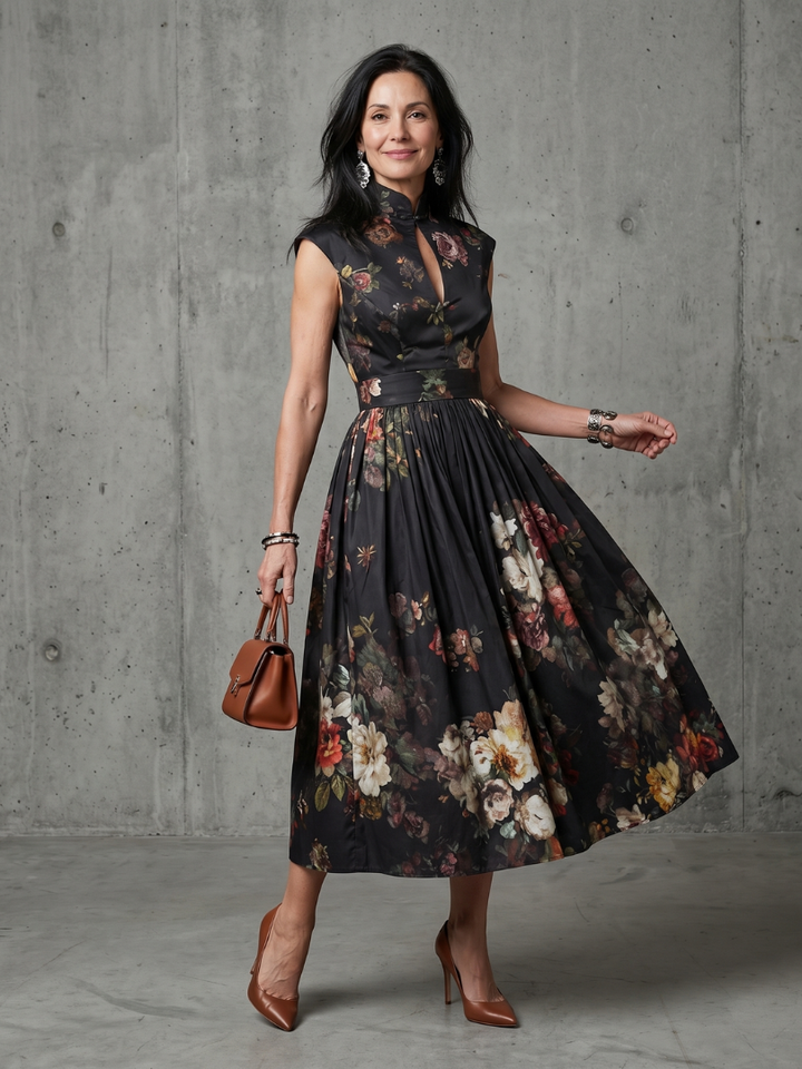 Greta | Rochie Midi Florală Plisată cu Guler Înalt și Decupaj