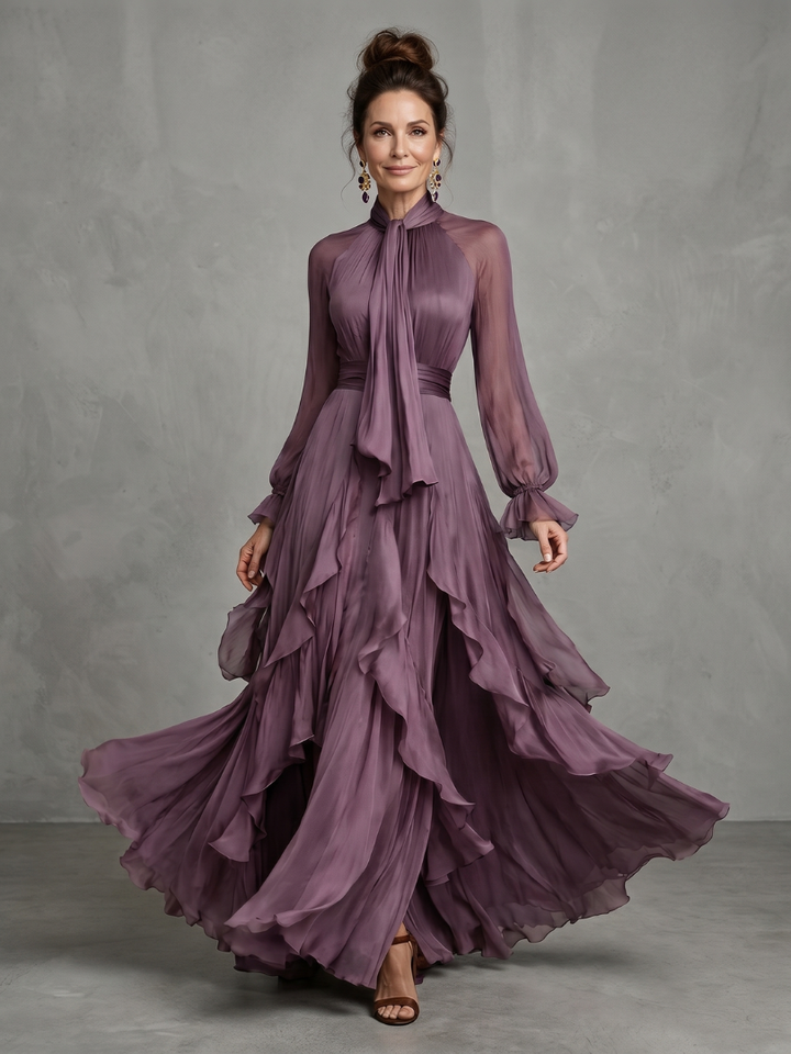 Demetria | Rochie Maxi cu Guler Legat și Volane