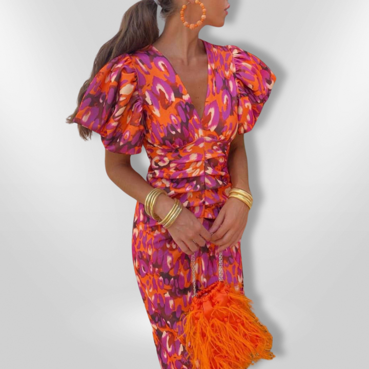Oranit™ | Rochie Colorată cu Mâneci Plisate