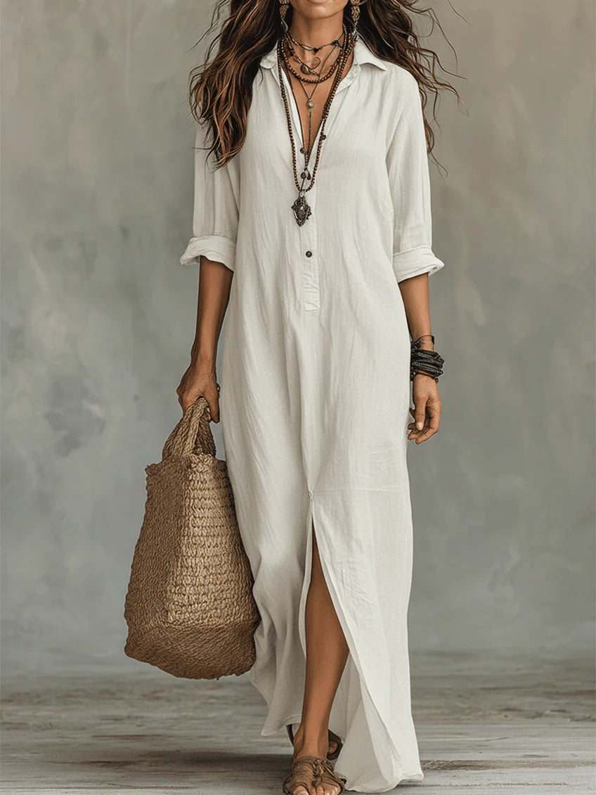 Soline™ | Rochie Maxi Neagră Oversized cu Butoni