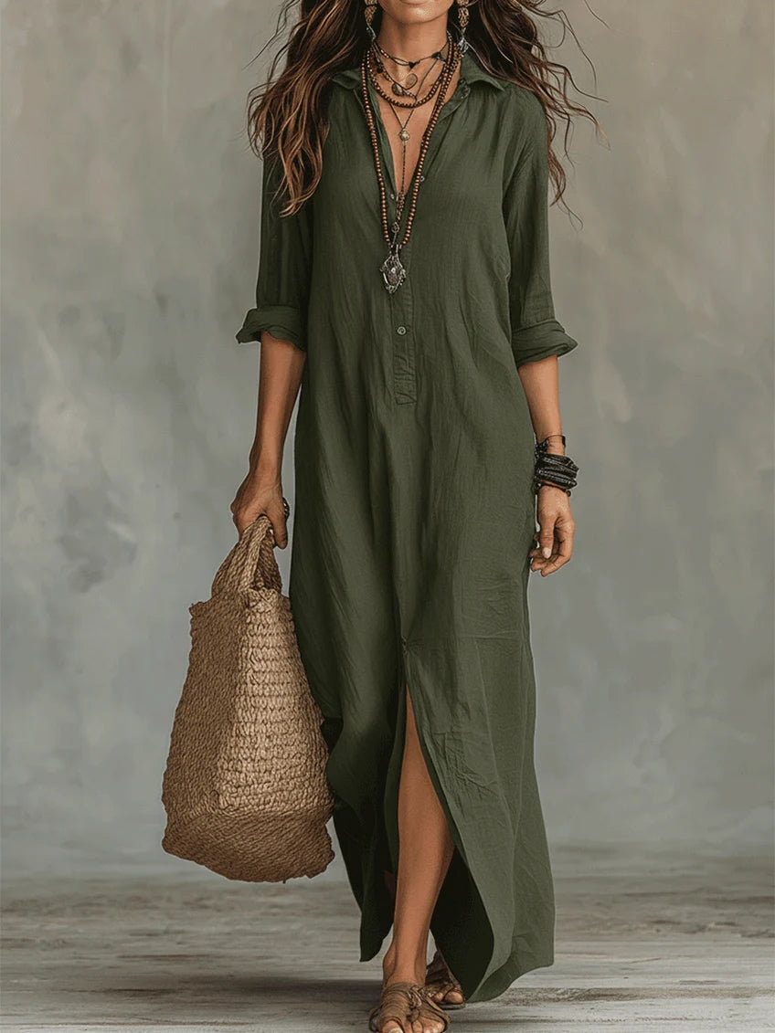 Soline™ | Rochie Maxi Neagră Oversized cu Butoni