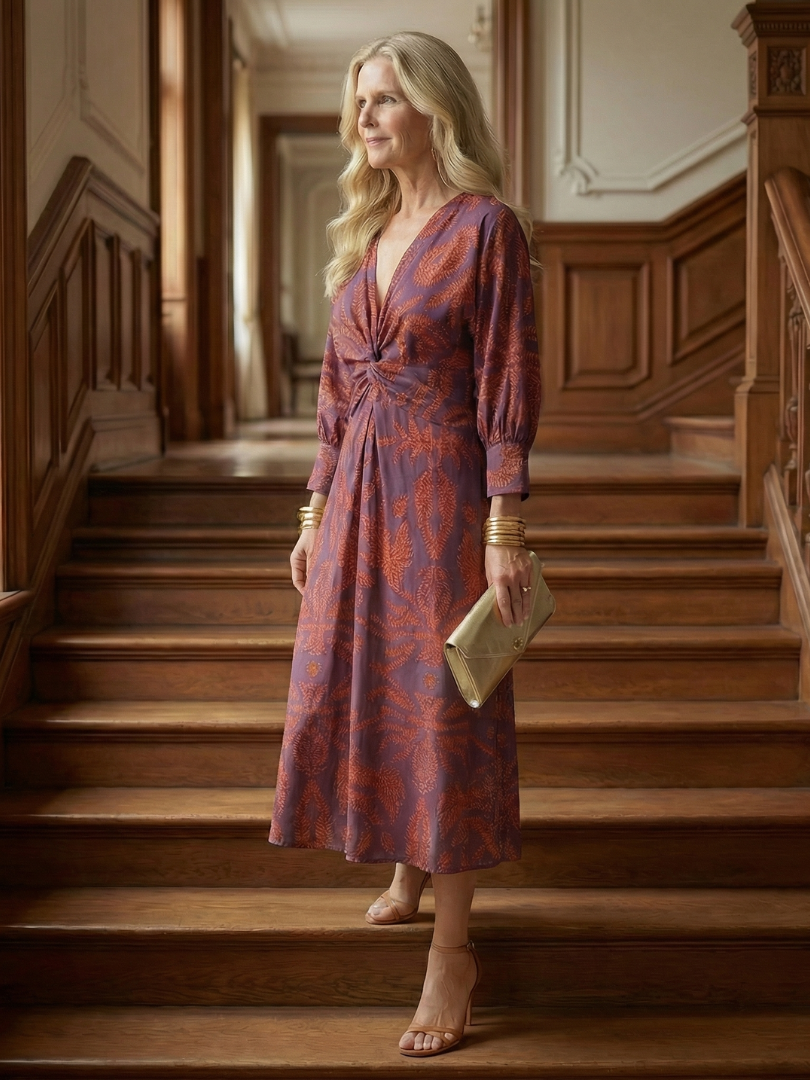 Lune | Rochie Midi cu Mâneci Lungi și Înfășurare Naturală