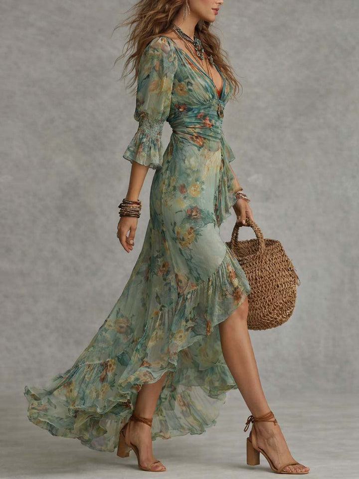 Aurora - rochie lungă florală boho cu tiv asimetric romantic