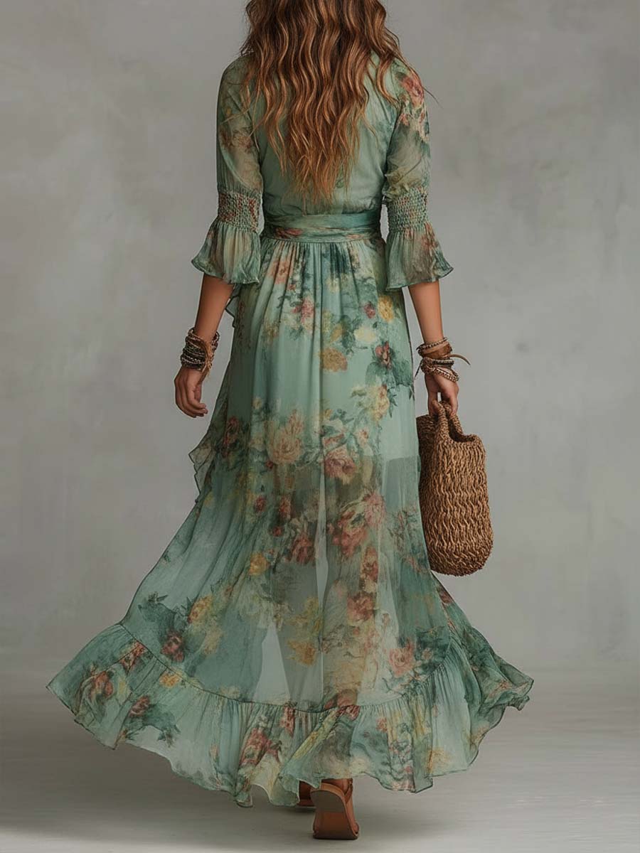 Aurora - rochie lungă florală boho cu tiv asimetric romantic