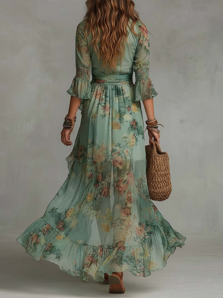 Aurora - rochie lungă florală boho cu tiv asimetric romantic
