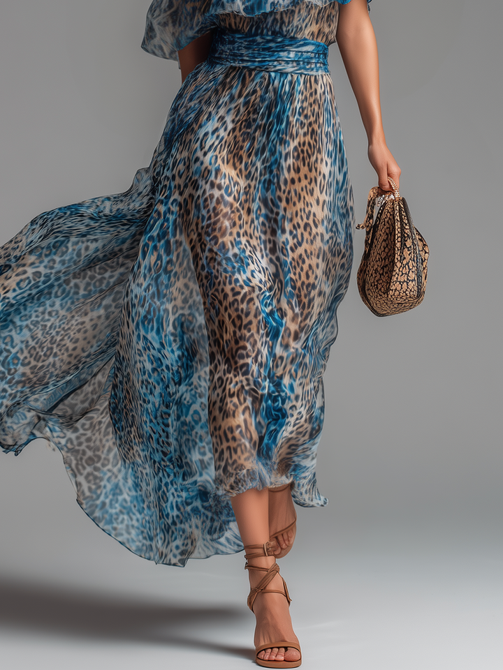 Selvaggia - Rochie lungă din chiffon cu imprimeu leopard și umeri descoperiți