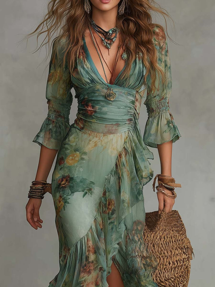 Aurora - rochie lungă florală boho cu tiv asimetric romantic