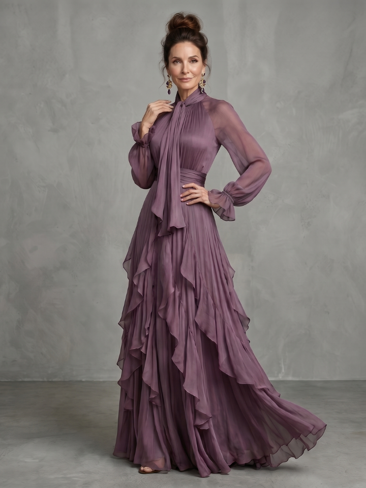 Demetria | Rochie Maxi cu Guler Legat și Volane