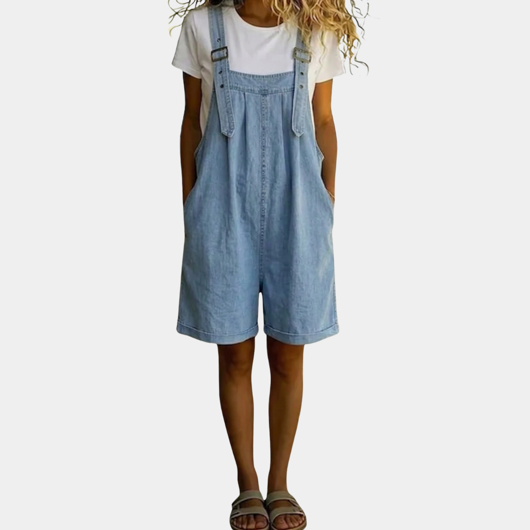 Clara | Salopetă scurtă din denim cu aspect vintage, din bumbac moale, albastru deschis