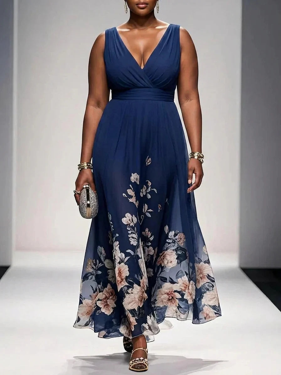 Rochie Maxi Chiffon Floral Albastru Deschis cu Decolteu în V