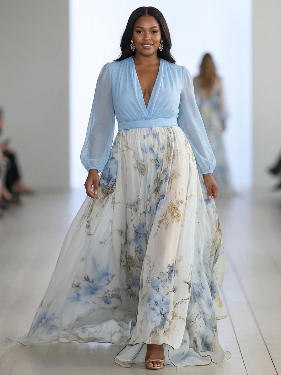 Madeleine | Rochie Maxi cu Imprimare Florală și Decupaj în V