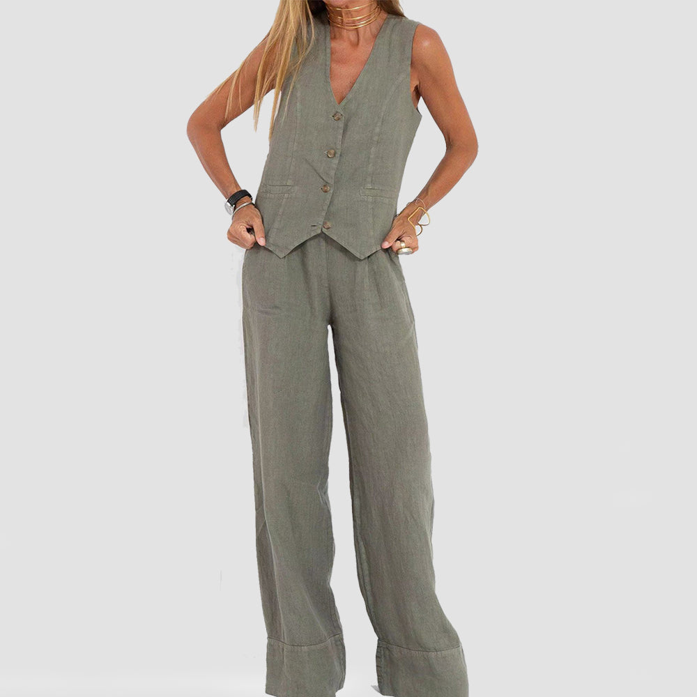 Top de vară fără mâneci și pantaloni drepți largi