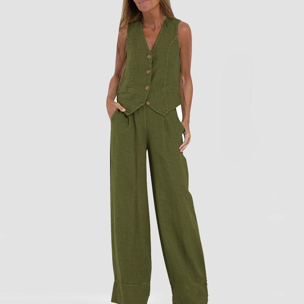 Top de vară fără mâneci și pantaloni drepți largi
