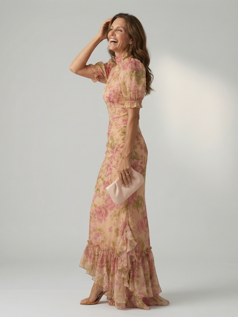 Vianne | Rochie Maxi cu Guler Înalt și Mâneci Scurte