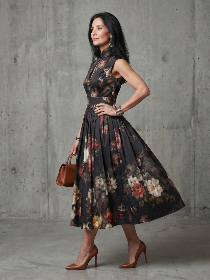 Greta | Rochie Midi Florală Plisată cu Guler Înalt și Decupaj