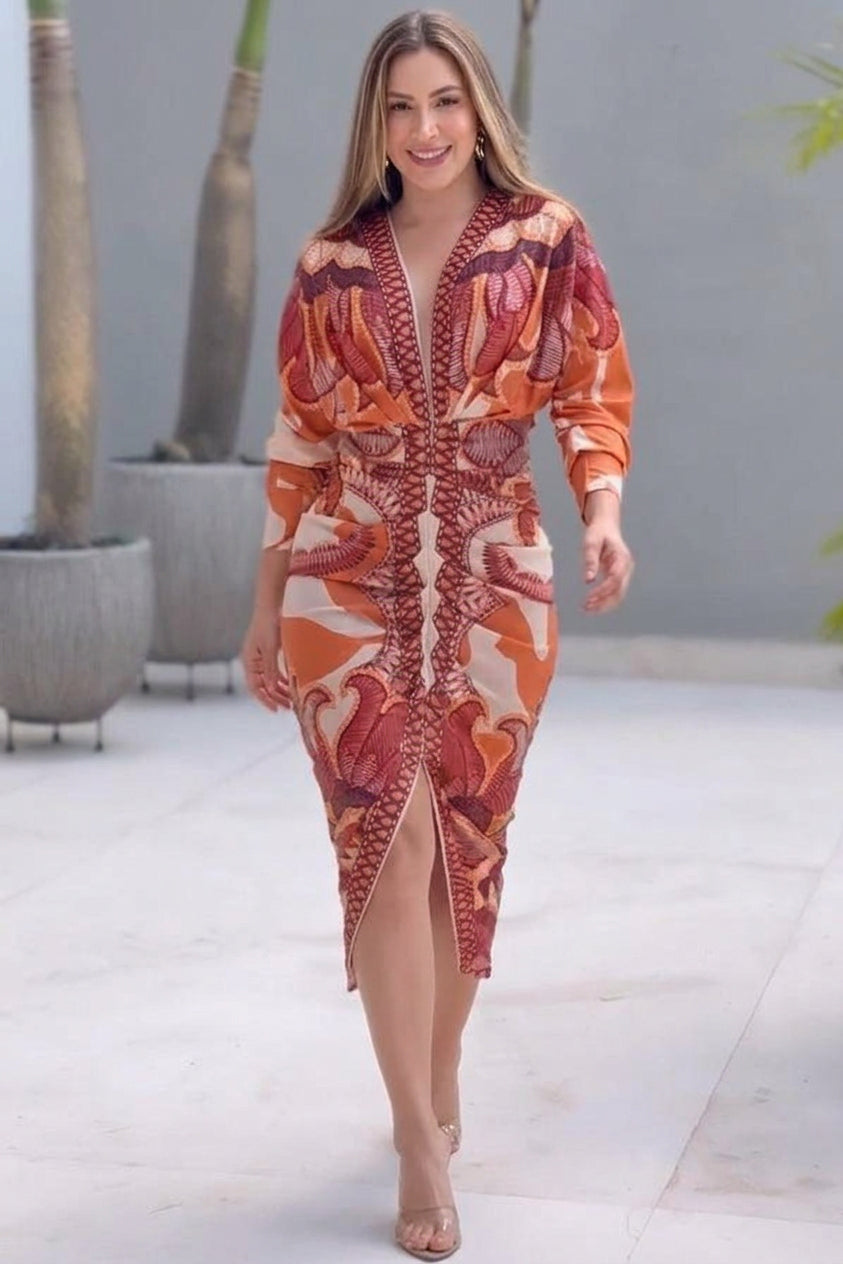 Eva | Rochie Midi Dolman cu Print Unic Sun Escape