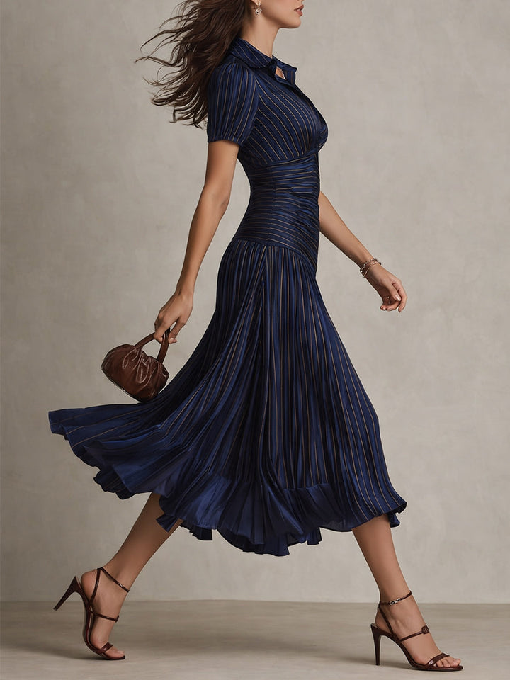 Adriana - Rochie midi din satin cu dungi retro