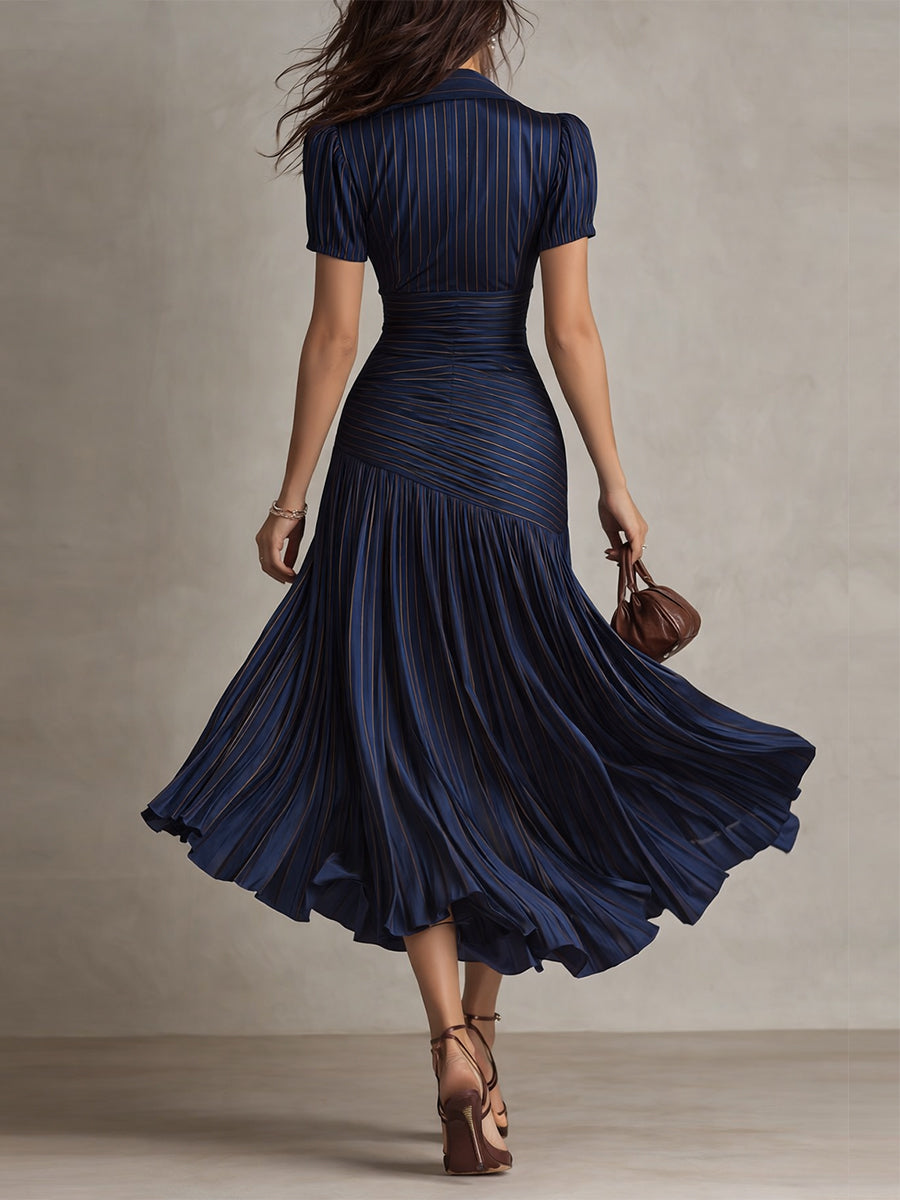 Adriana - Rochie midi din satin cu dungi retro