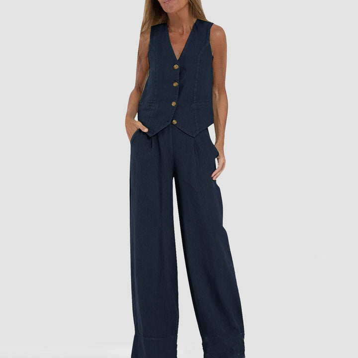 Top de vară fără mâneci și pantaloni drepți largi