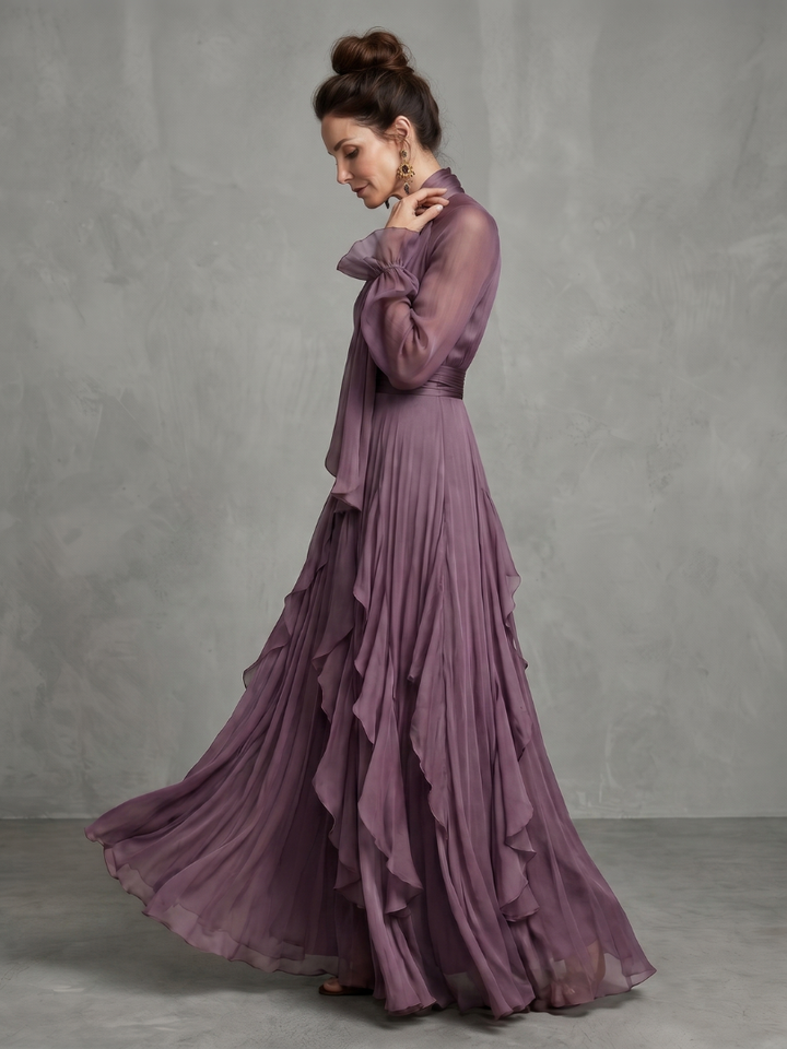 Demetria | Rochie Maxi cu Guler Legat și Volane