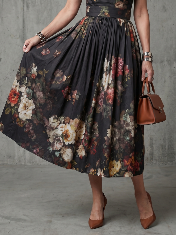 Greta | Rochie Midi Florală Plisată cu Guler Înalt și Decupaj