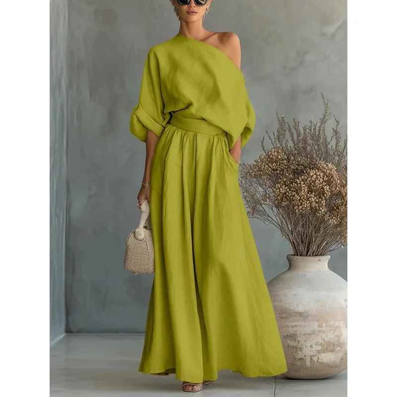 Lisa | Set bluză moale cu umeri descoperiți și pantaloni tapered