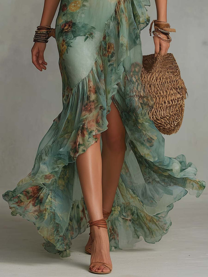 Aurora - rochie lungă florală boho cu tiv asimetric romantic