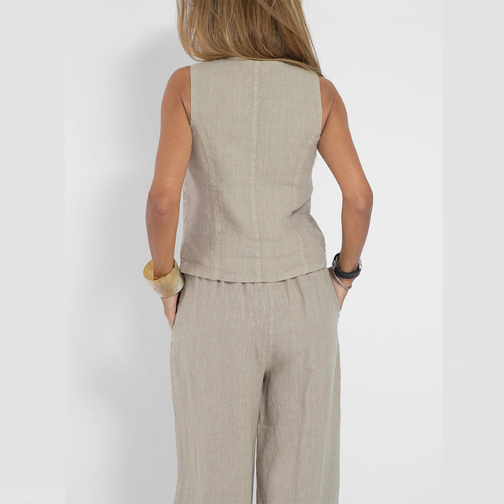 Top de vară fără mâneci și pantaloni drepți largi