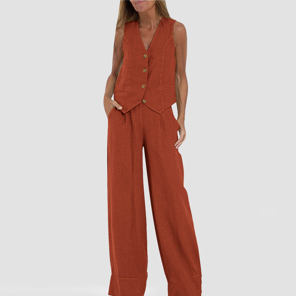 Top de vară fără mâneci și pantaloni drepți largi