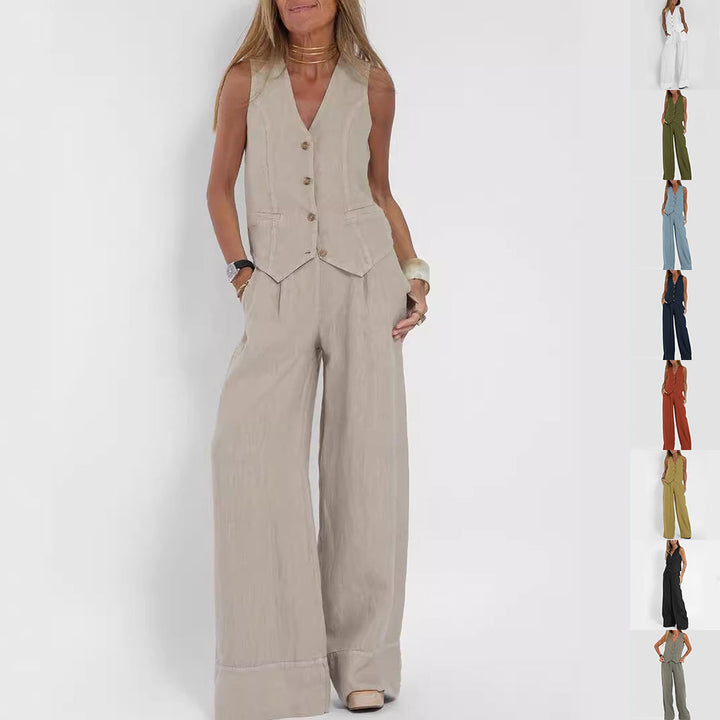 Top de vară fără mâneci și pantaloni drepți largi