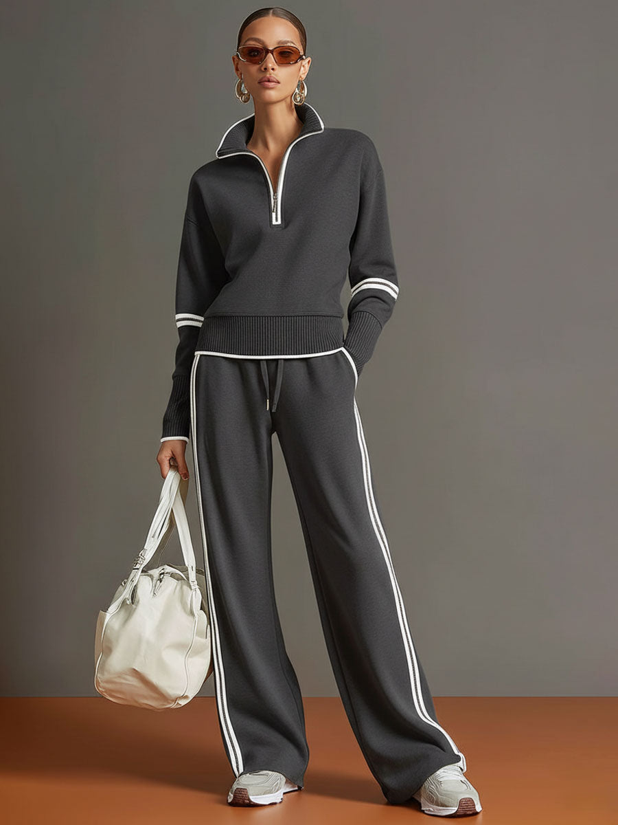 Priscilla - Compleu Sportiv Elegant cu Pulover cu Fermuar Pe Jumătate