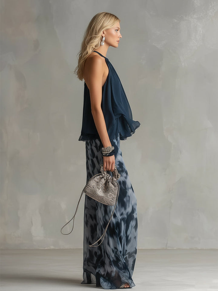 Ludovica - elegant din chiffon cu top cu guler înalt și pantaloni largi imprimeu