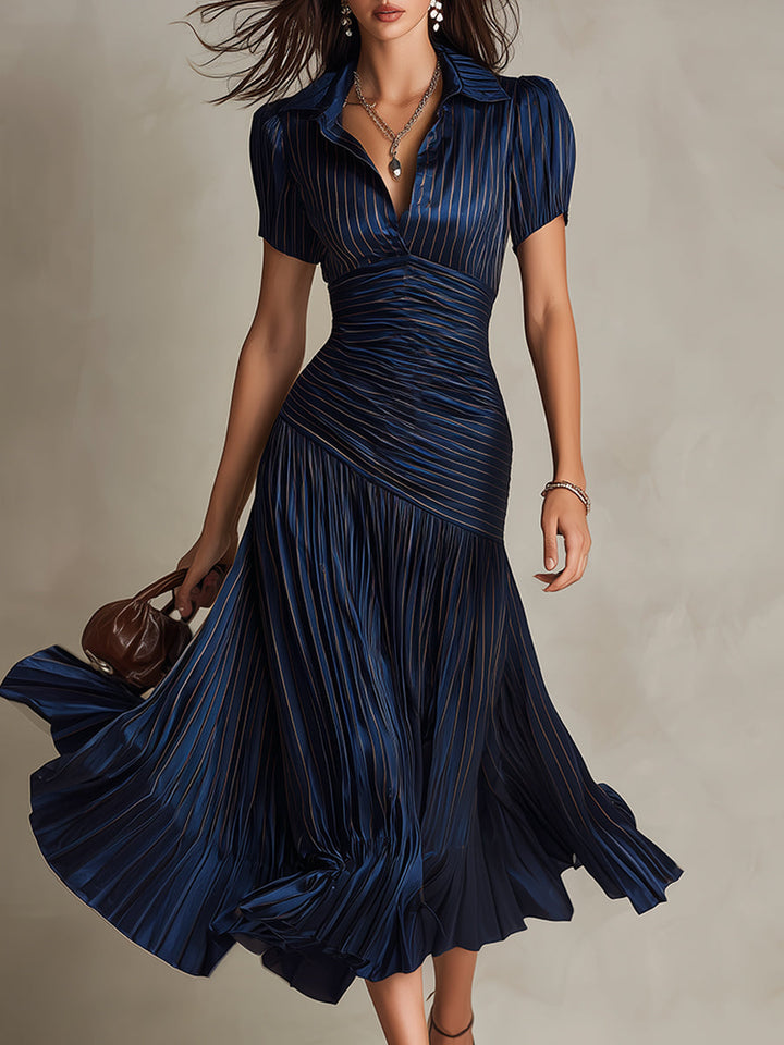 Adriana - Rochie midi din satin cu dungi retro