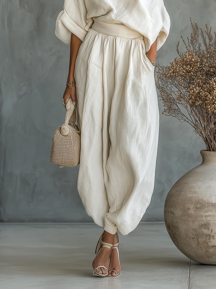 Lisa | Set bluză moale cu umeri descoperiți și pantaloni tapered