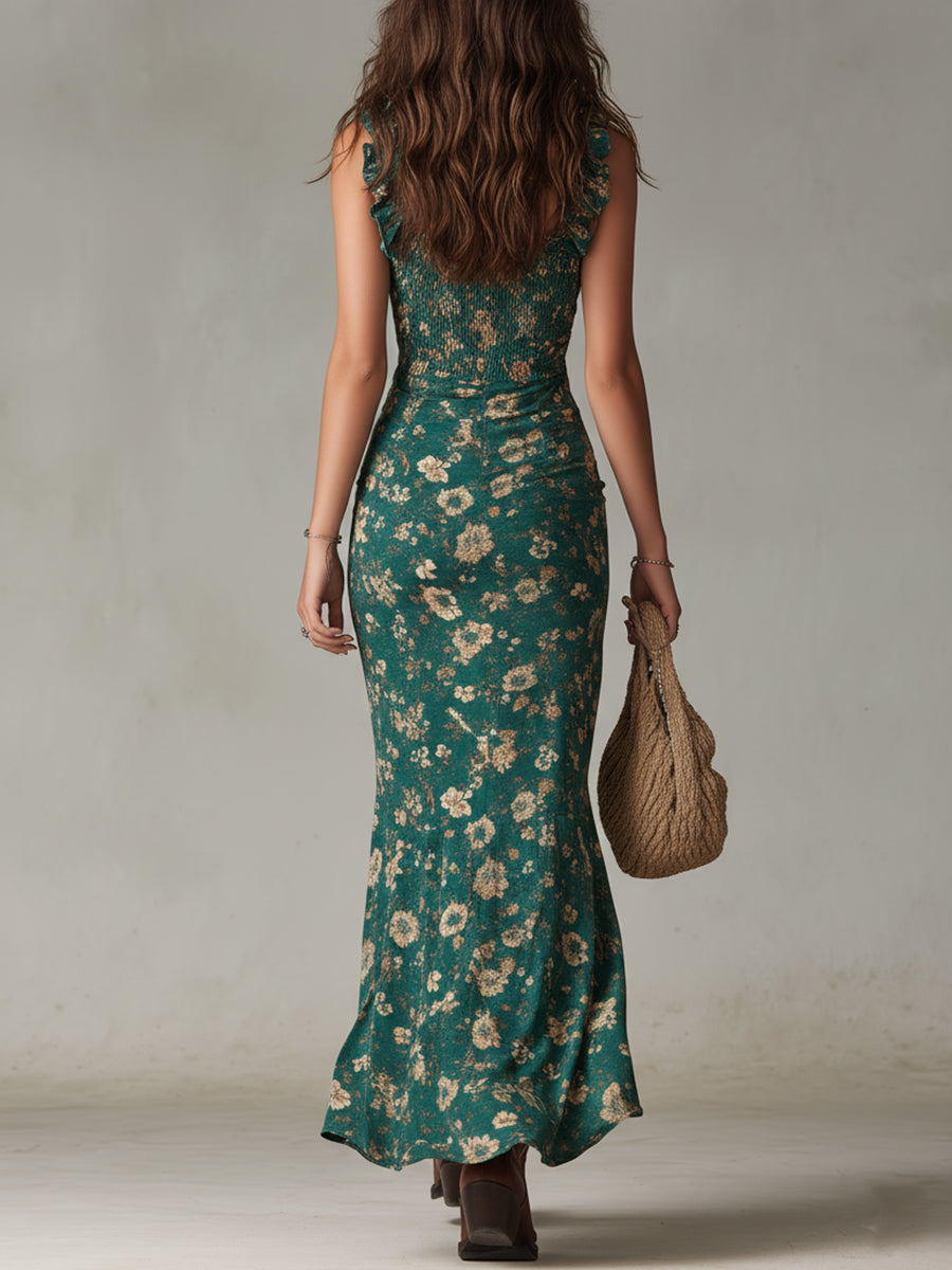 Zara - Rochie maxi boho retro cu mâneci volan și fante înaltă