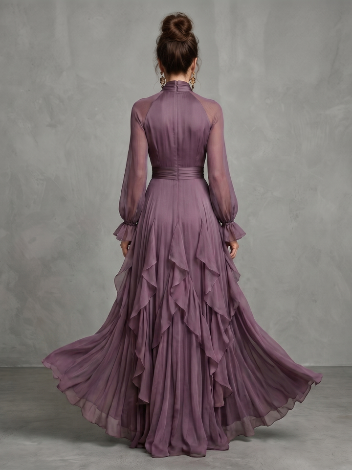 Demetria | Rochie Maxi cu Guler Legat și Volane