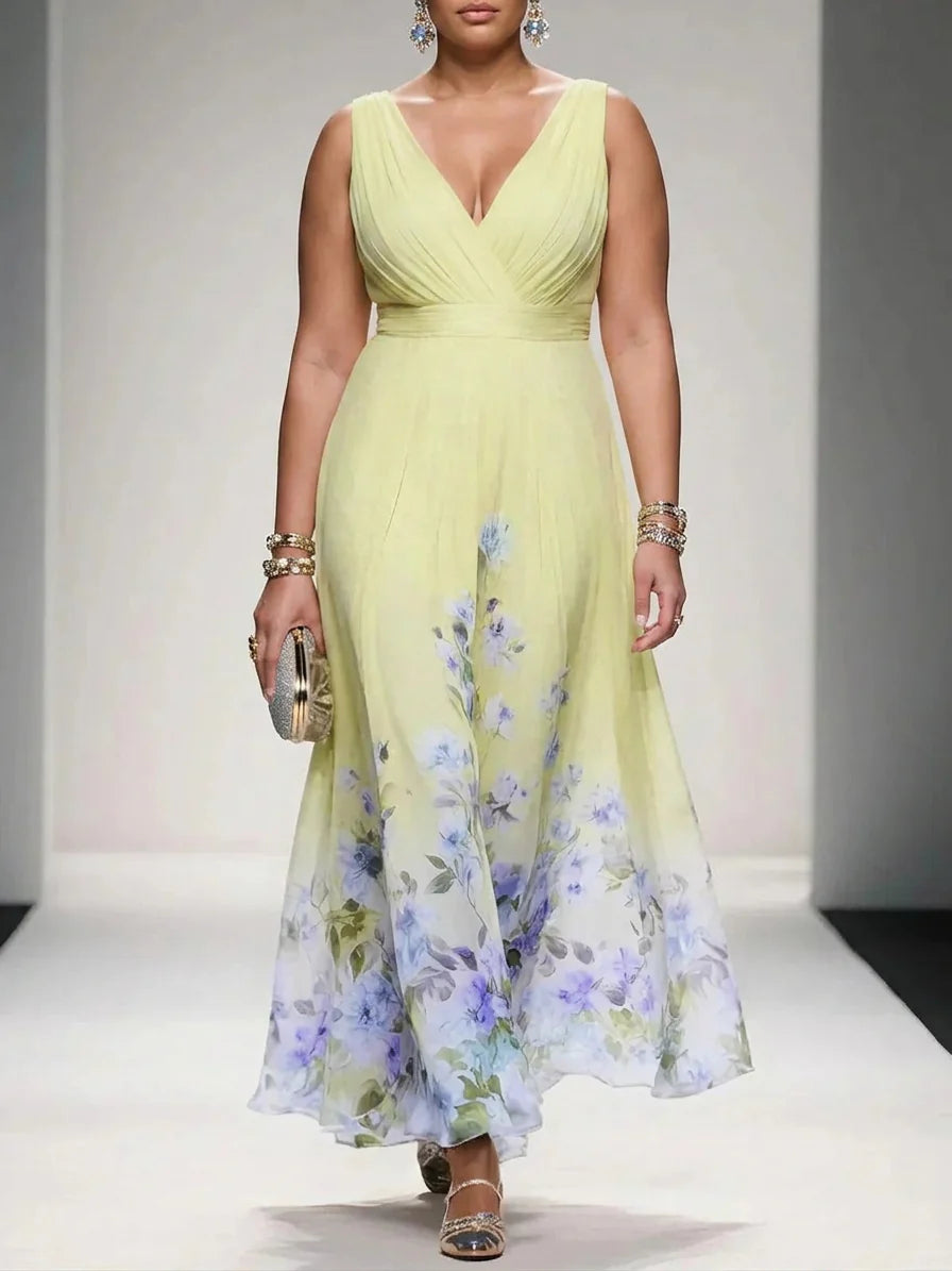 Rochie Maxi Chiffon Floral Albastru Deschis cu Decolteu în V